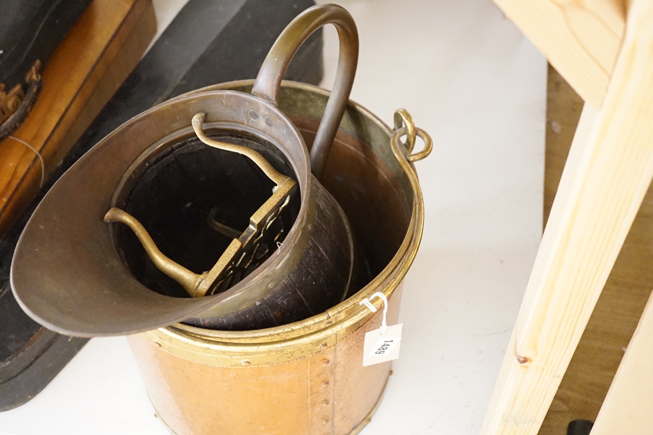 A staved and coopered jug, one coal bucket and a brass kettle stand, 32cms high